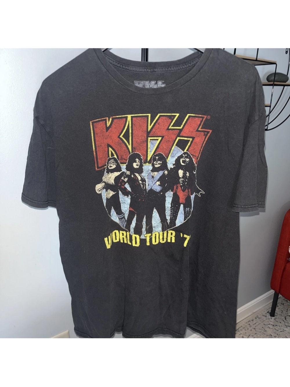 Kiss Black Short Sleeve Tee with Red, Yellow & White Graphic 1977 tour